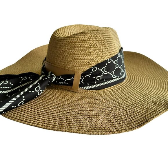 Odiva Summer Hat Khaki Stripe Pattern Band Straw Sun Hat - Picture 10 of 16